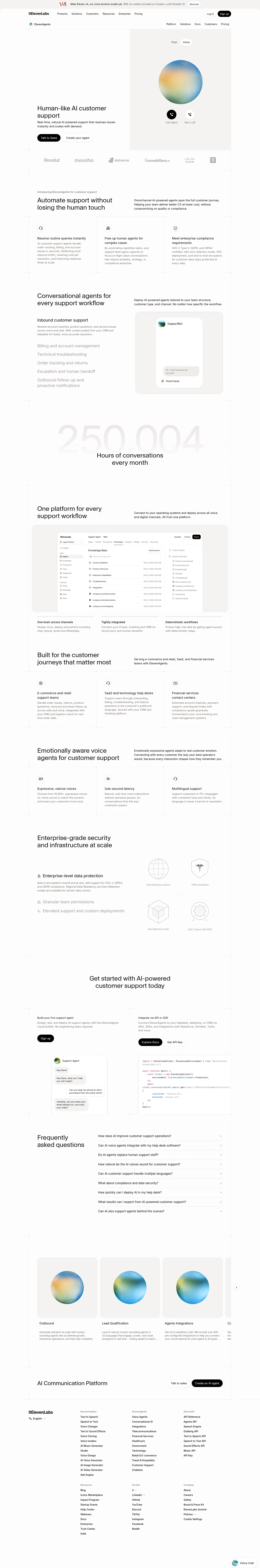 elevenlabs.io/agents/ai-customer-support on desktop, full screenshot