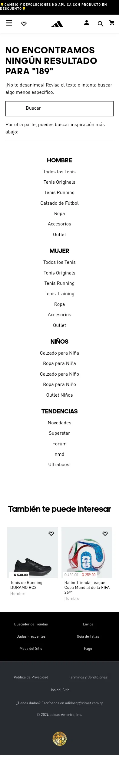 adidas.com.gt/189 on mobile, full screenshot