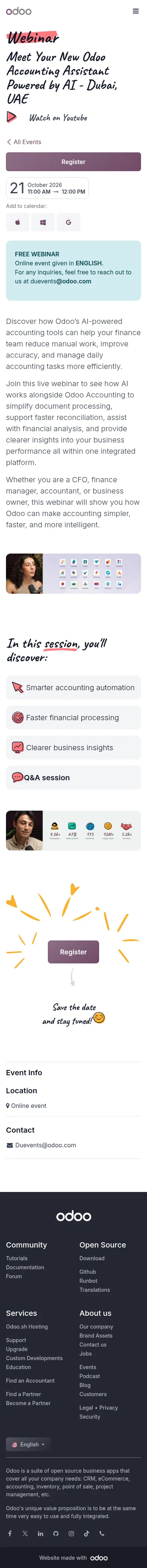 odoo.com/event/meet-your-new-odoo-accounting-assistant-powered-by-ai-dubai-uae-12525/register on mobile, full screenshot