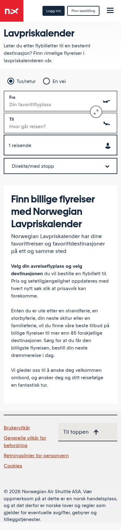 norwegian.com/no/lavpriskalender on mobile