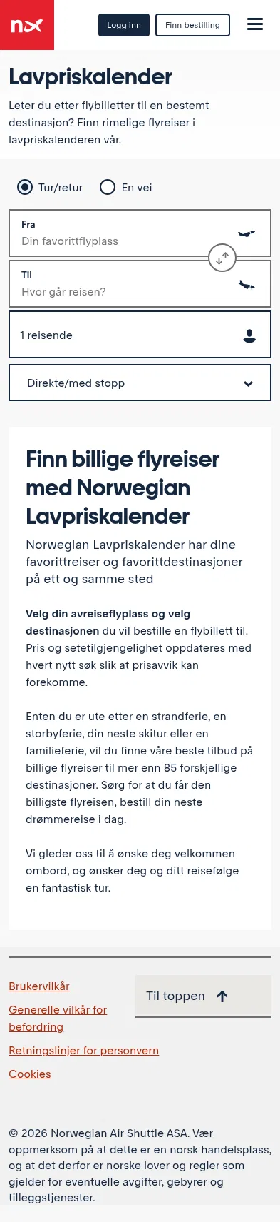 norwegian.com/no/lavpriskalender on mobile, full screenshot