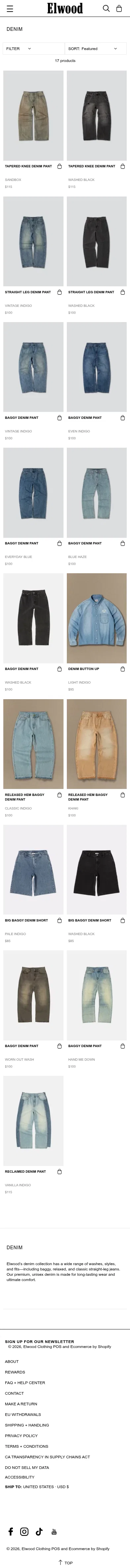 elwoodclothing.com/collections/denim on mobile, full screenshot
