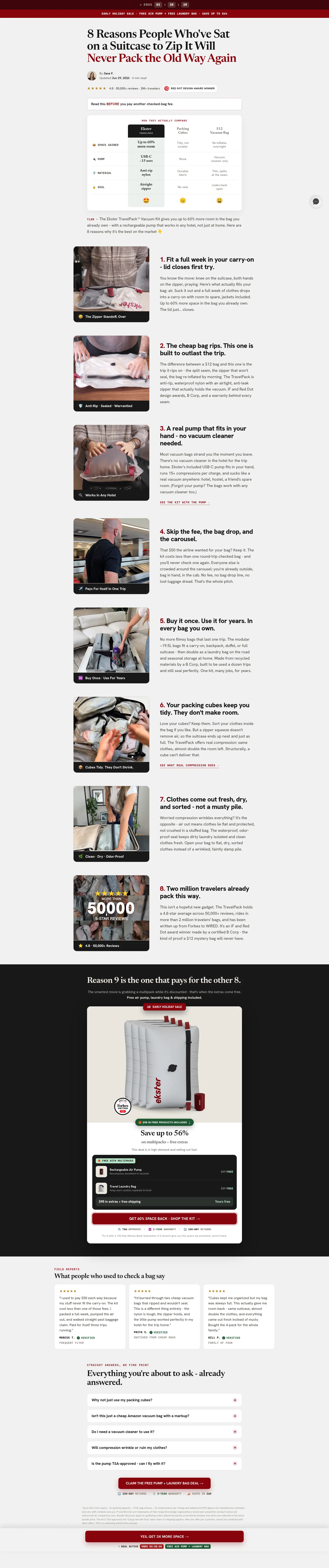 ekster.com/pages/8-reasons-why-travelpack on desktop, full screenshot