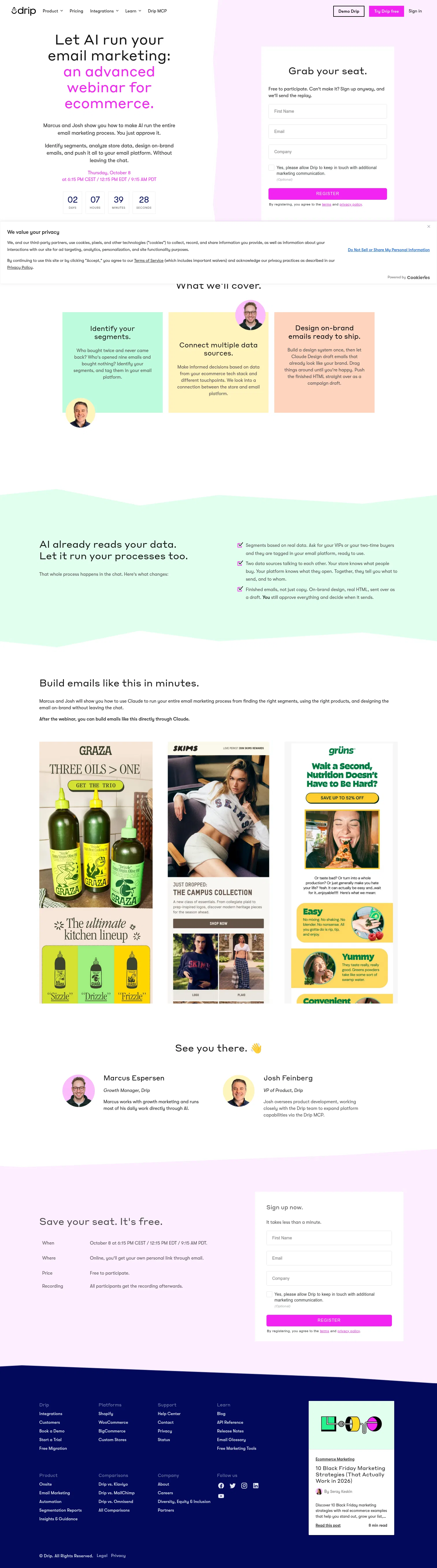 drip.com/ai-email-marketing-webinar-advanced on desktop, full screenshot