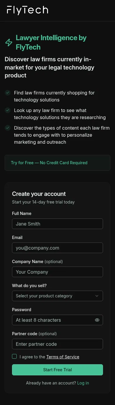dashboard.flytech.ai/get-started on mobile, full screenshot