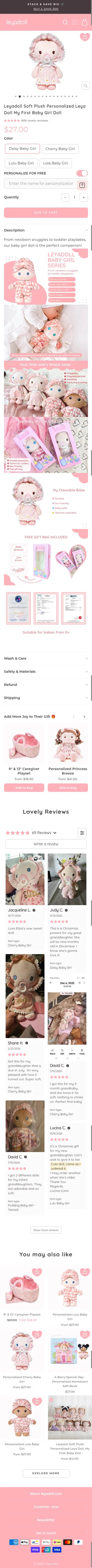 leyadoll.com/products/leyadoll-soft-plush-personalized-leya-doll-baby-girl-doll on mobile, full screenshot