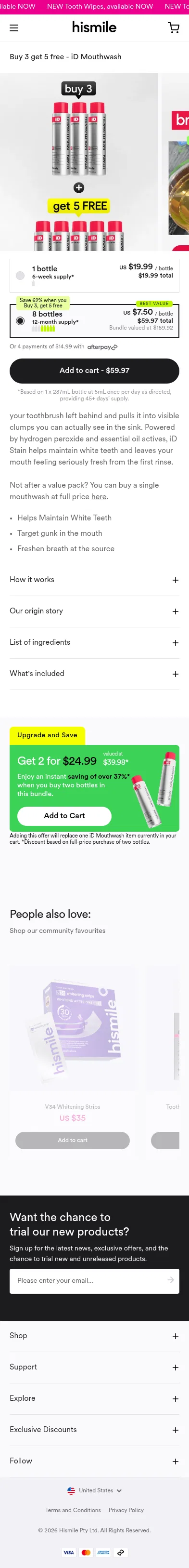 hismileteeth.com/products/id-stain-mouthwash on mobile, full screenshot