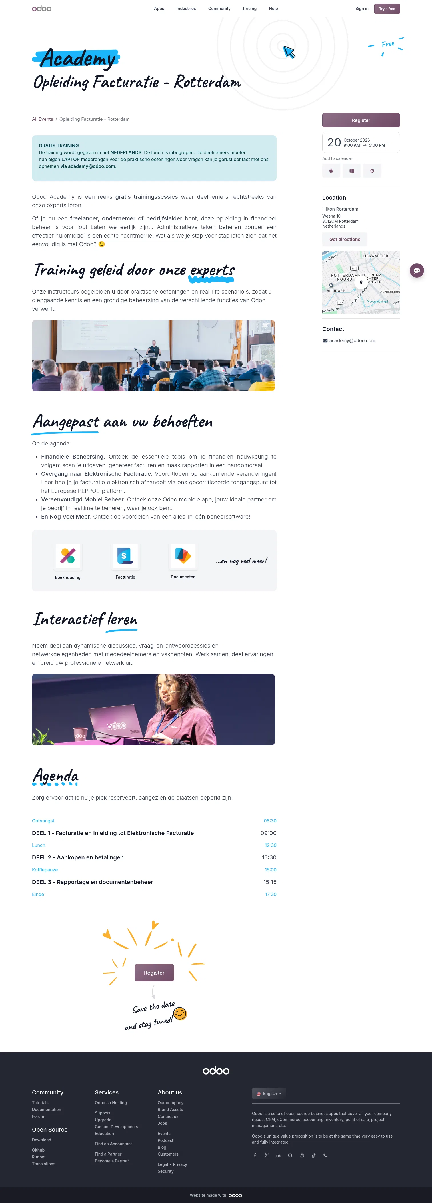 odoo.com/event/opleiding-facturatie-rotterdam-11982/register on desktop, full screenshot