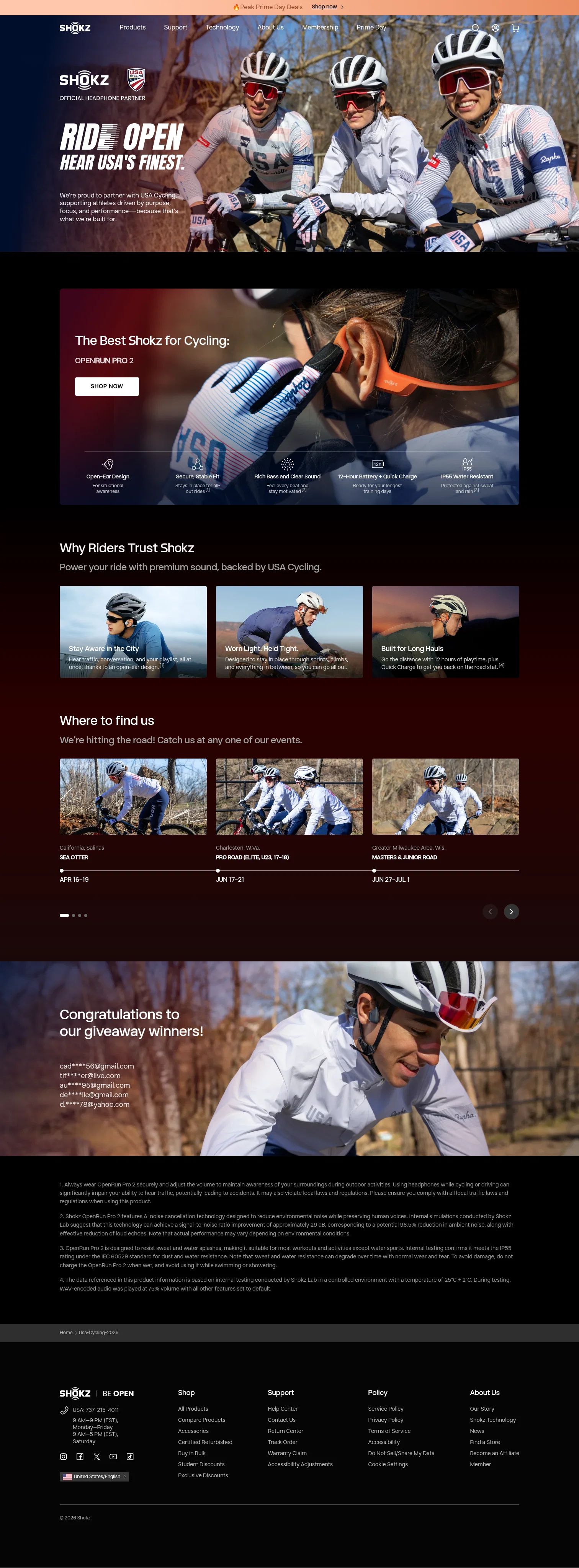 shokz.com/pages/usa-cycling-2026 on desktop