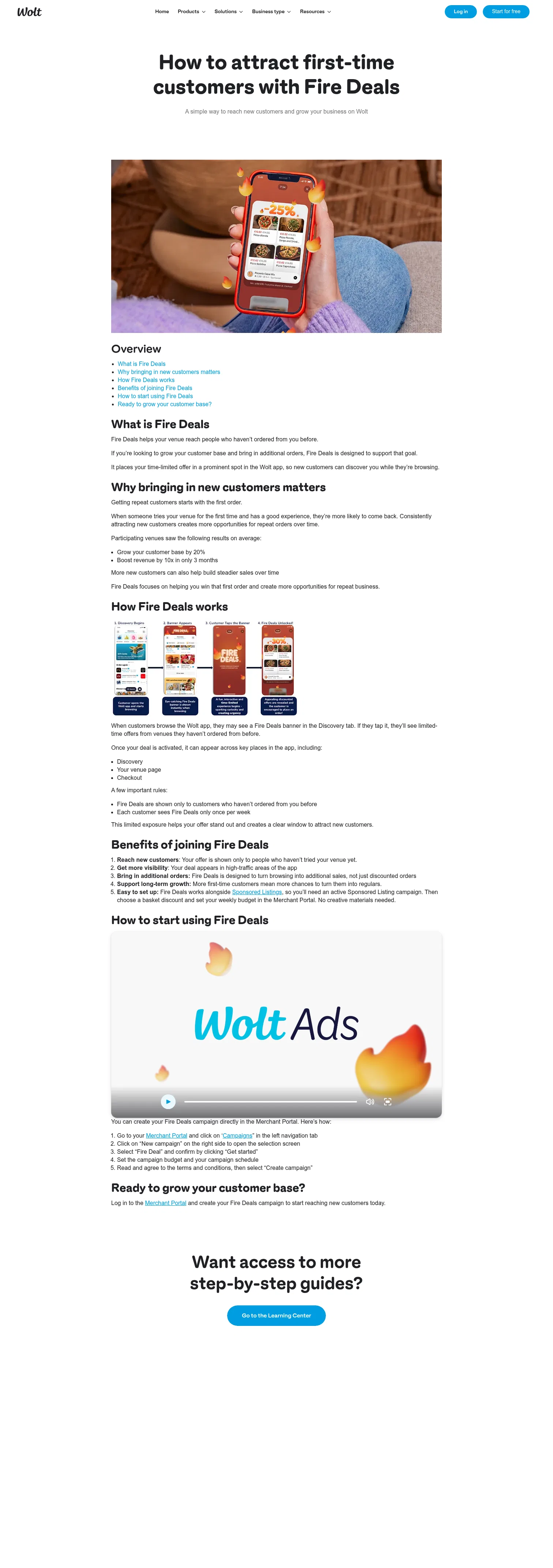 merchant.wolt.com/en/deu/learning-center/how-to-attract-first-time-customers-with-fire-deals on desktop, full screenshot