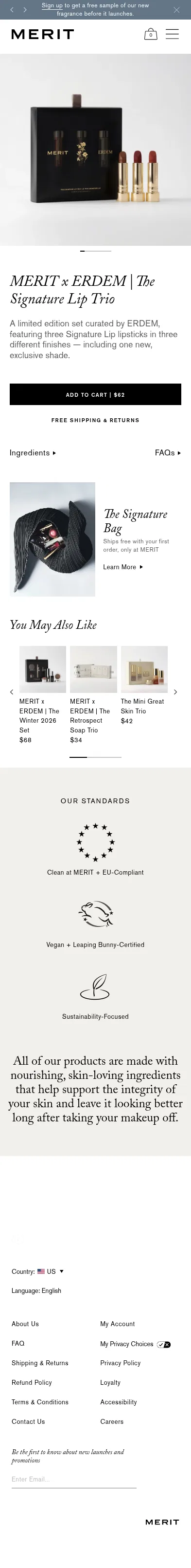 meritbeauty.com/products/the-signature-lip-trio on mobile, full screenshot