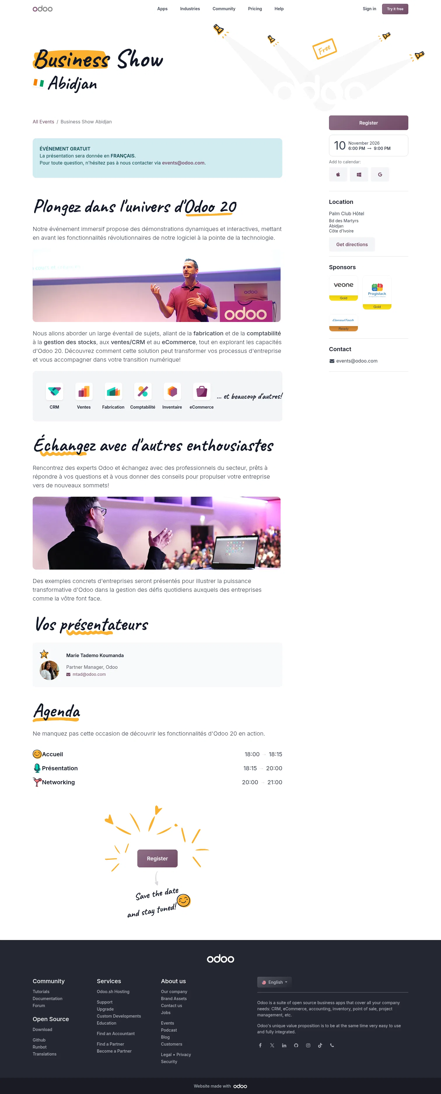 odoo.com/event/business-show-abidjan-12692/register on desktop, full screenshot