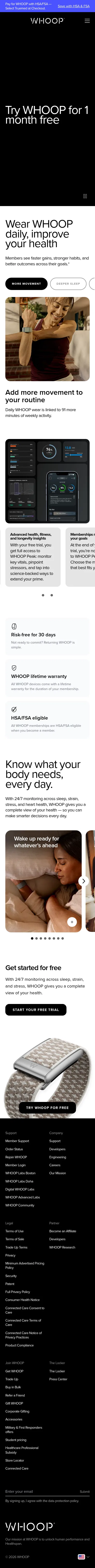whoop.com/us/en/whoop-trials on mobile, full screenshot