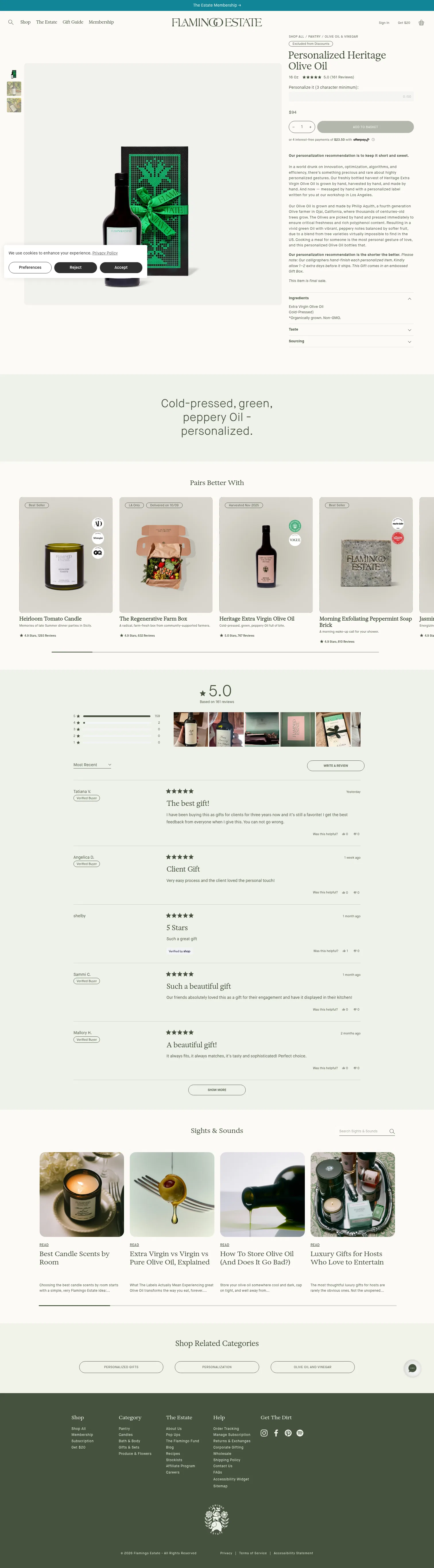 flamingoestate.com/products/personalized-heritage-extra-virgin-olive-oil on desktop, full screenshot