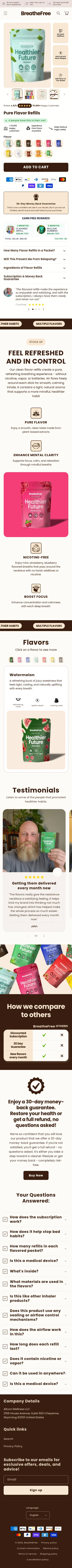 breathefree.shop/products/flavor-refills-copy on mobile, full screenshot
