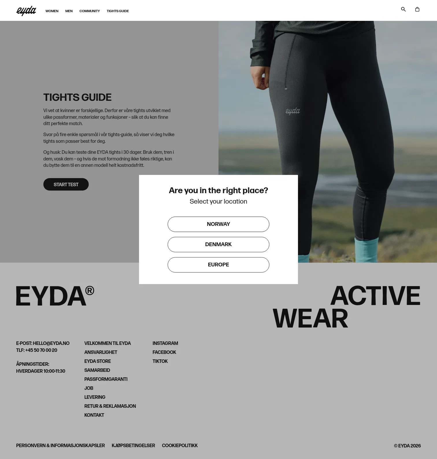 eyda.no/pages/tights-guide on desktop, full screenshot