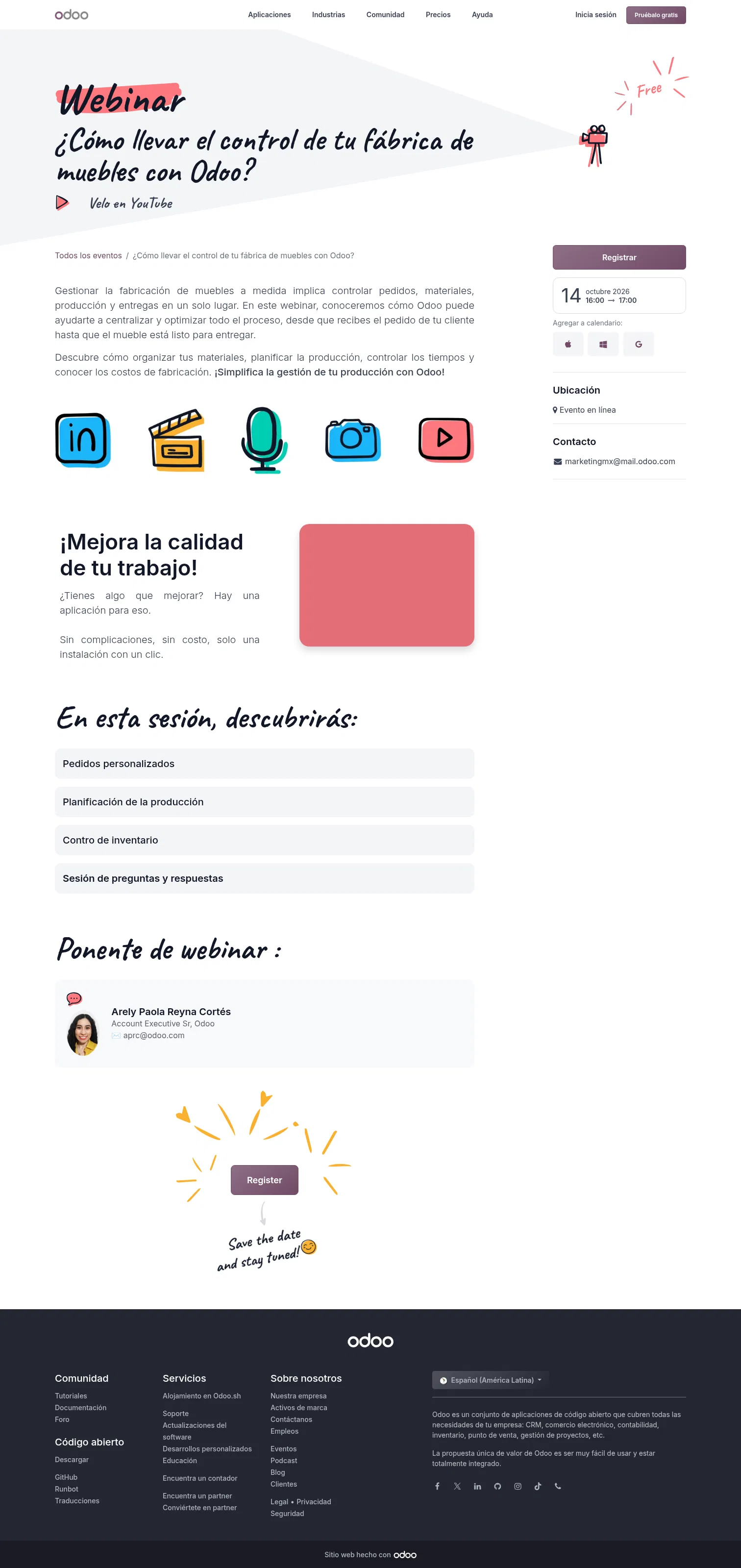 odoo.com/es/event/como-llevar-el-control-de-tu-fabrica-de-muebles-con-odoo-12641/register on desktop, full screenshot