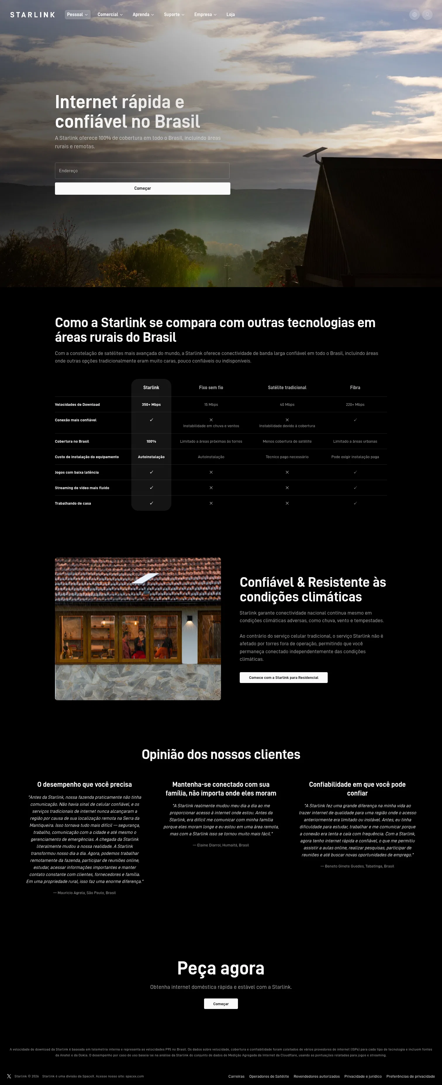 starlink.com/br/residential/internet-comparison on desktop, full screenshot