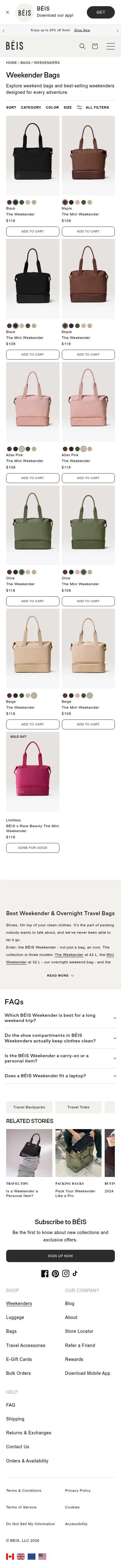 beistravel.com/collections/weekender on mobile, full screenshot
