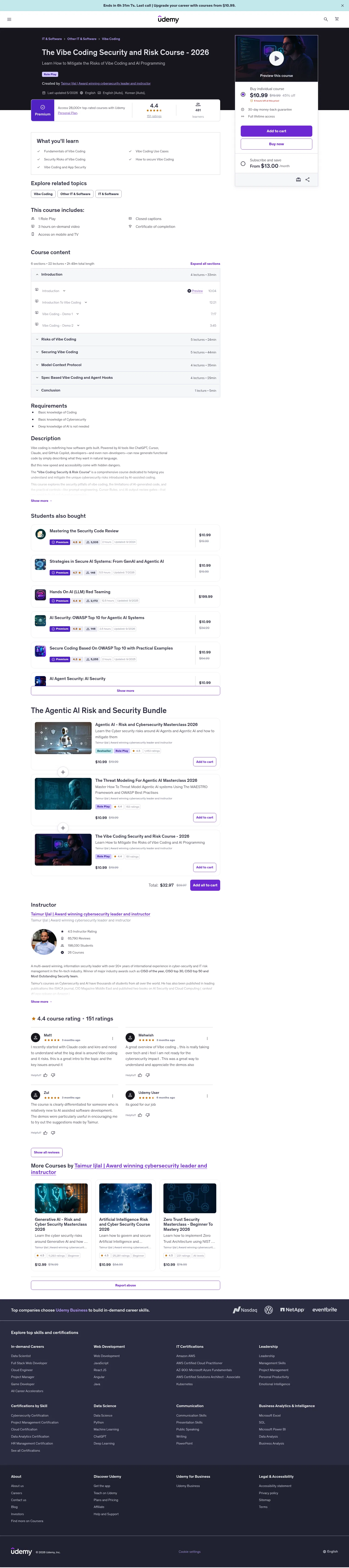 udemy.com/course/the-vibe-coding-security-and-risk-course on desktop, full screenshot