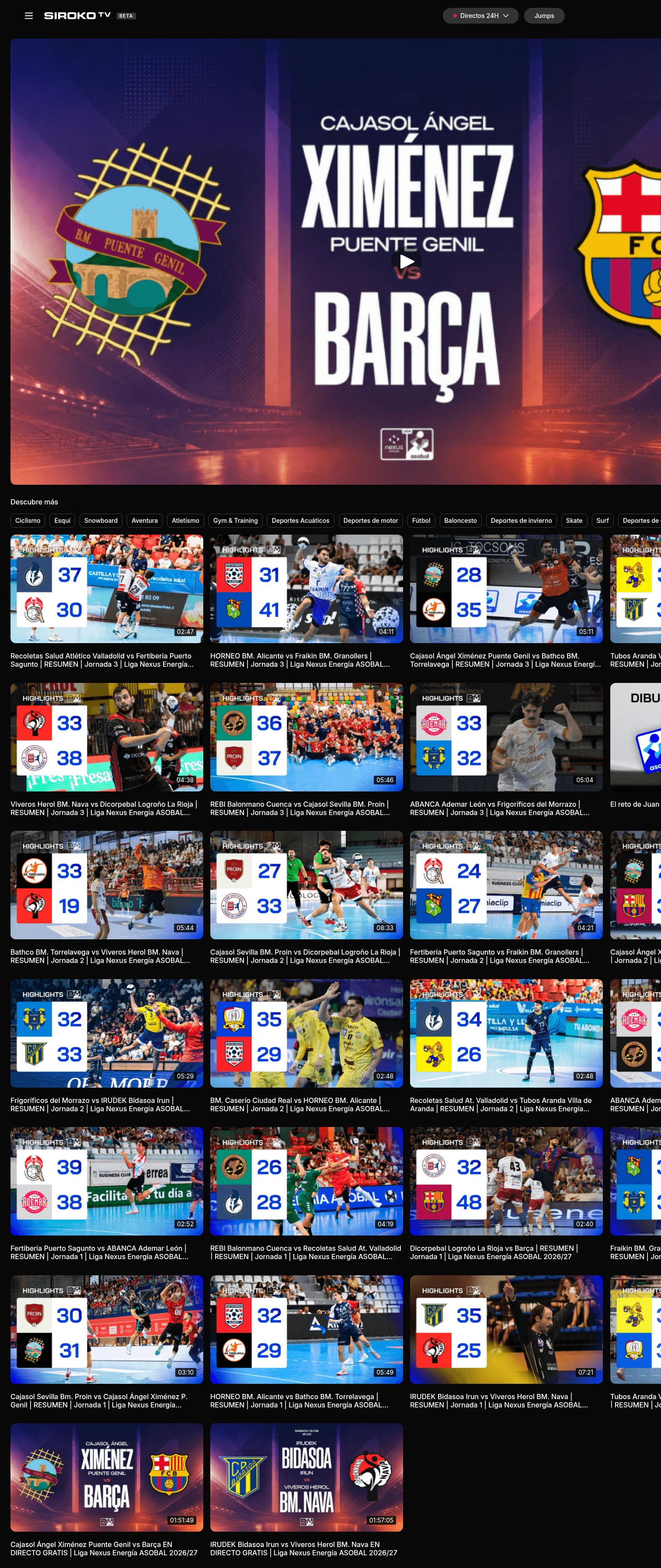 siroko.com/tv/es/video/cajasol-angel-ximenez-puente-genil-vs-barca-en-directo-gratis-liga-nexus-energia-asobal-2026-27 on desktop