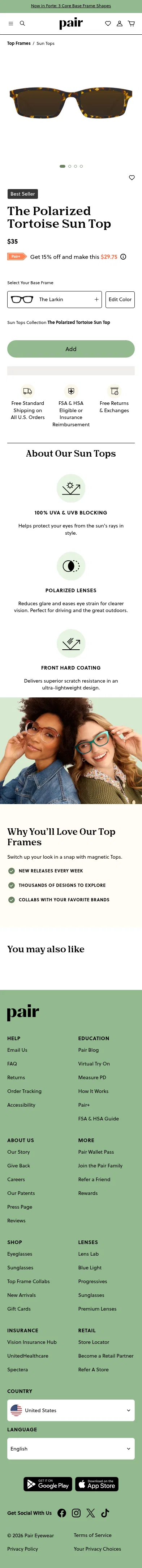 paireyewear.com/top-frames/sun-tops/the-tortoise-sun-top on mobile, full screenshot