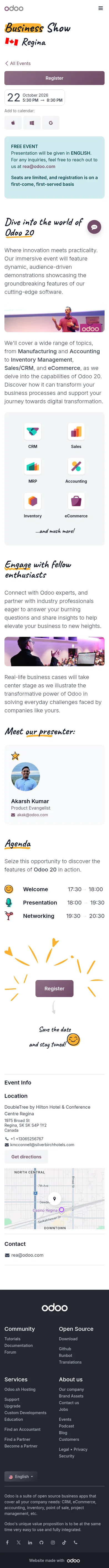 odoo.com/event/odoo-business-show-regina-saskatchewan-12478/register on mobile, full screenshot