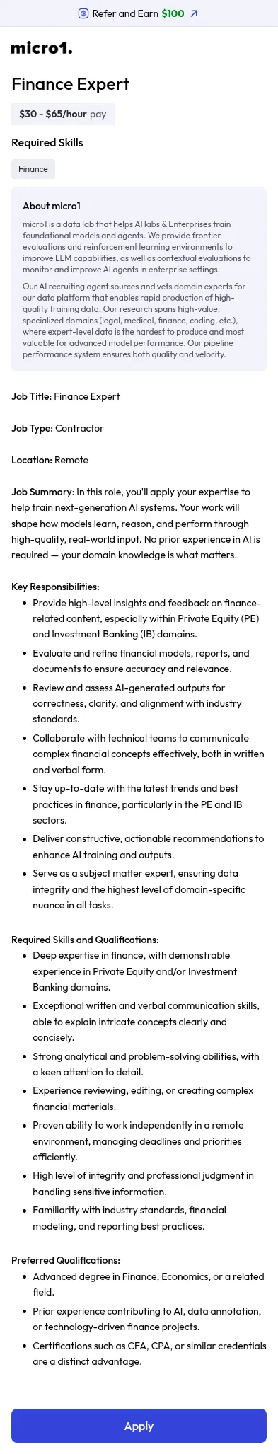 jobs.micro1.ai/post/5d380947-1e06-4147-a5e1-50db3ff09a26 on mobile, full screenshot