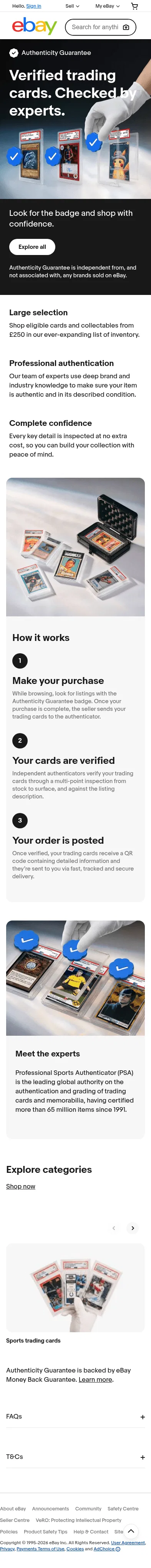 pages.ebay.co.uk/authenticity-guarantee/tradingcards on mobile, full screenshot