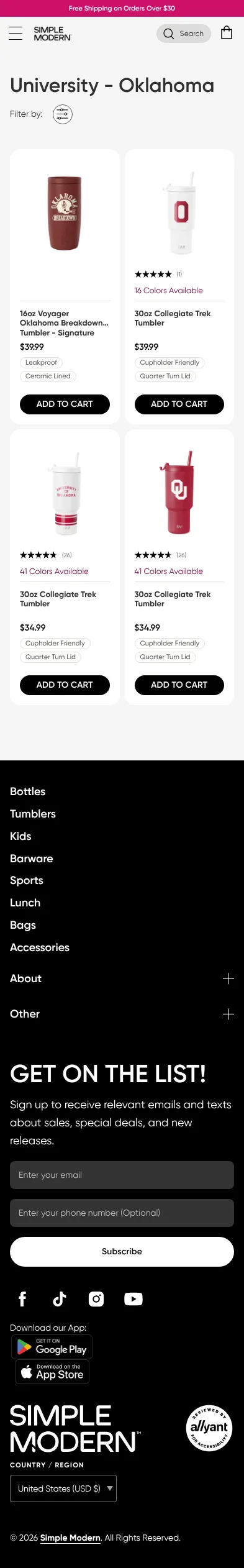 simplemodern.com/collections/university-oklahoma on mobile, full screenshot