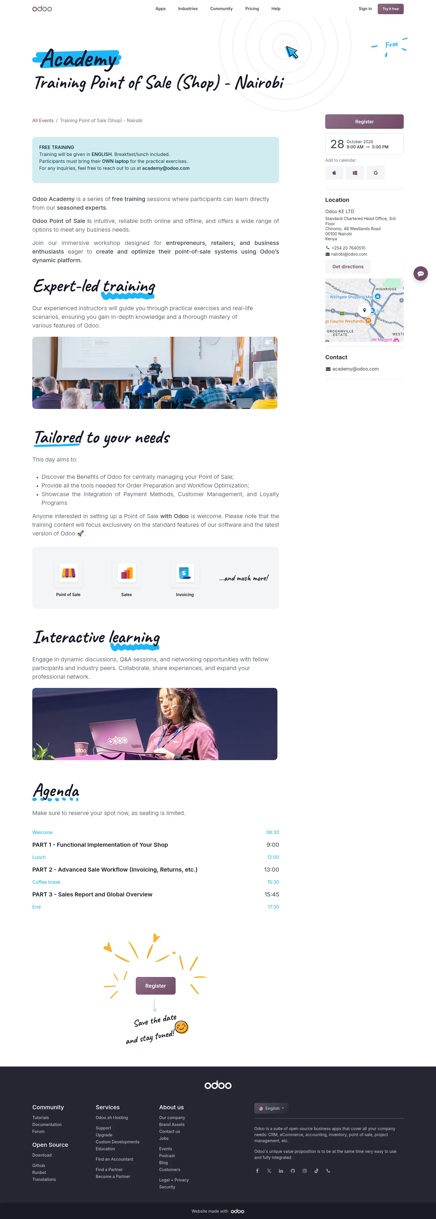 odoo.com/event/training-point-of-sale-shop-nairobi-10902/register on desktop, full screenshot