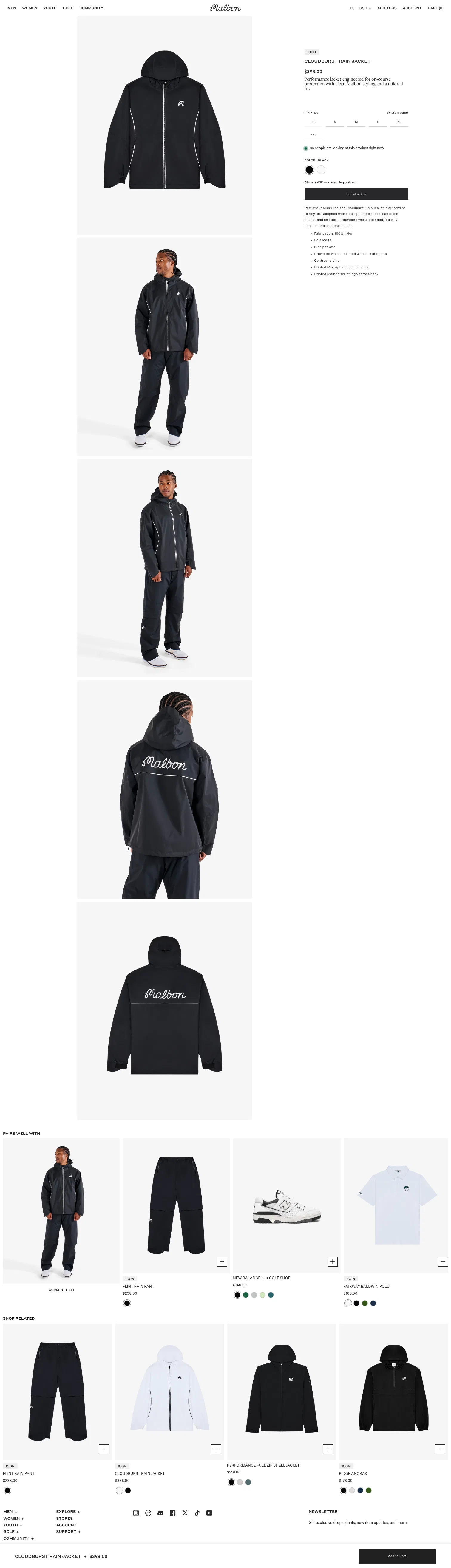 malbon.com/products/cloudburst-rain-jacket-black on desktop, full screenshot