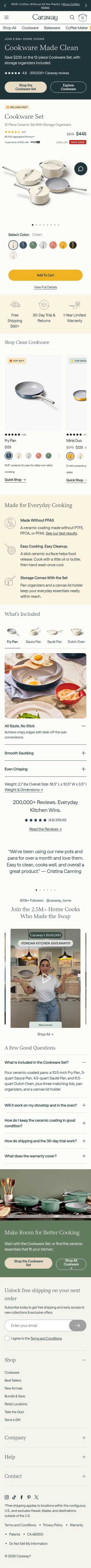carawayhome.com/pages/elevated-cookware on mobile, full screenshot