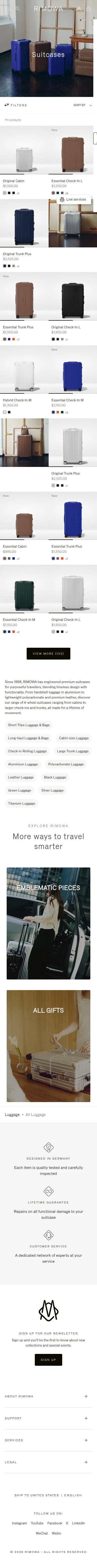 rimowa.com/us/en/all-luggage on mobile, full screenshot