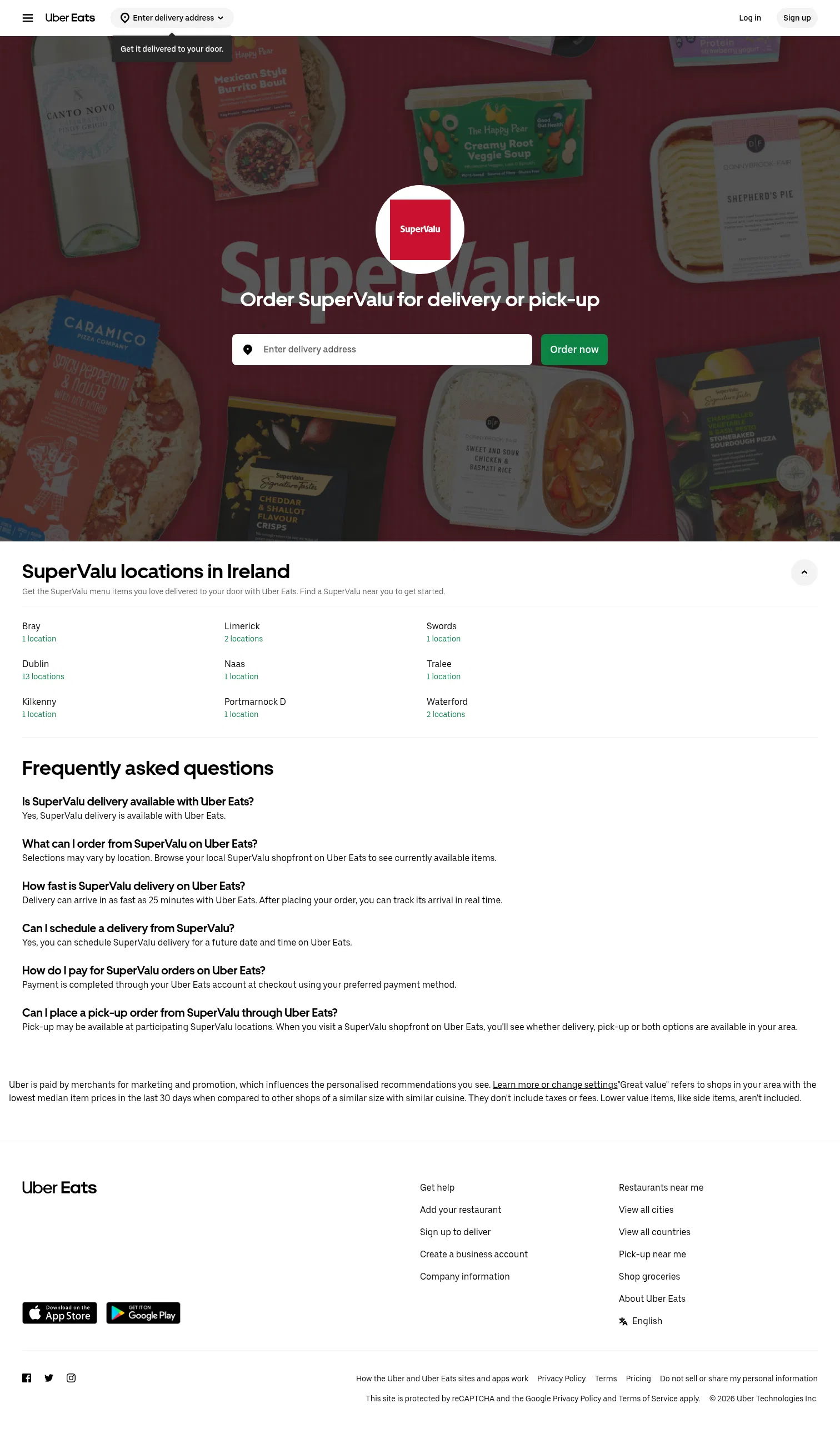 ubereats.com/ie/brand/supervalu on desktop, full screenshot