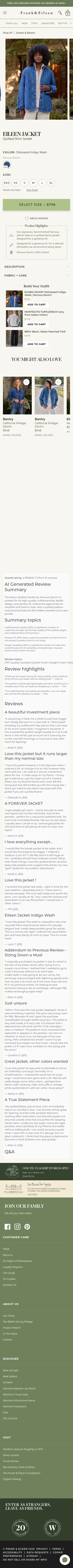 frankandeileen.com/products/eileen-jacket-distressed-indigo-wash-famous-denim on mobile, full screenshot