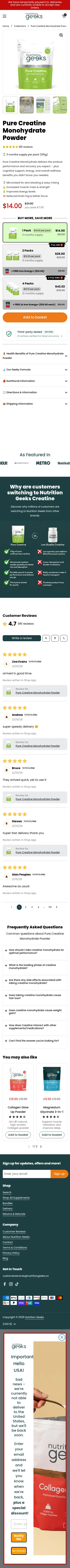 nutritiongeeks.co/products/pure-creatine-monohydrate on mobile, full screenshot
