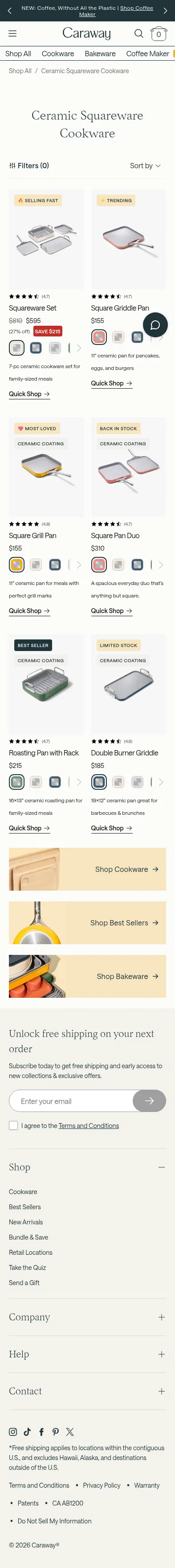 carawayhome.com/collections/ceramic-squareware-cookware on mobile, full screenshot