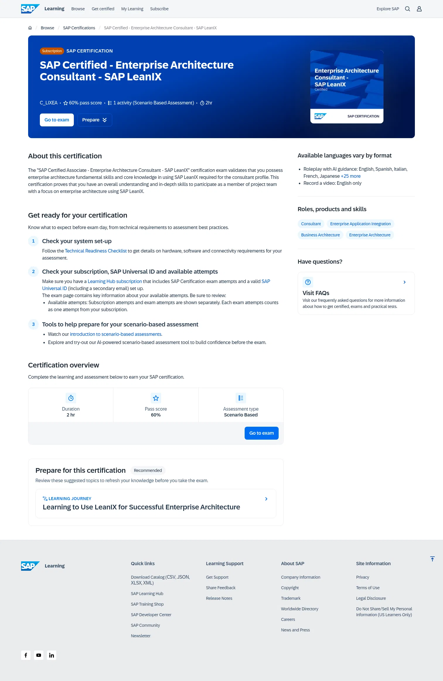 learning.sap.com/certifications/sap-certified-associate-enterprise-architecture-consultant-sap-leanix on desktop, full screenshot