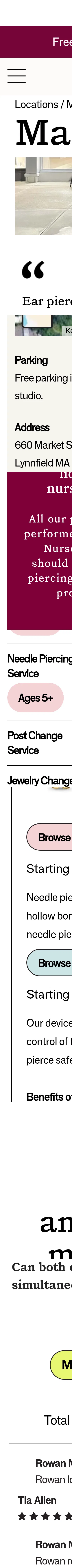heyrowan.com/pages/ear-piercing-market-street-lynnfield-ma on mobile, full screenshot