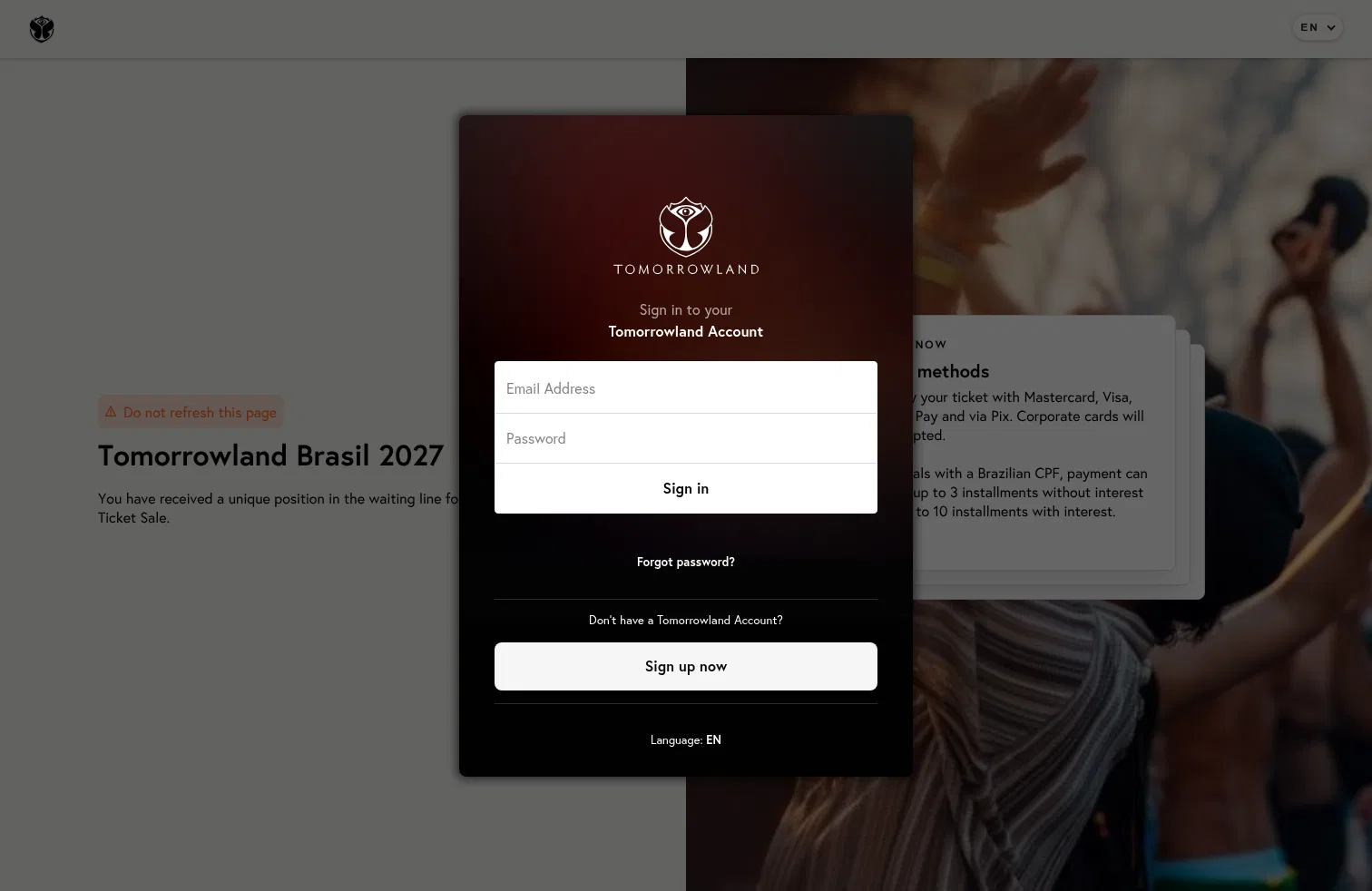 queue.tomorrowland.com/en/CL70VRZESFI8IU17DDE87 on desktop, full screenshot