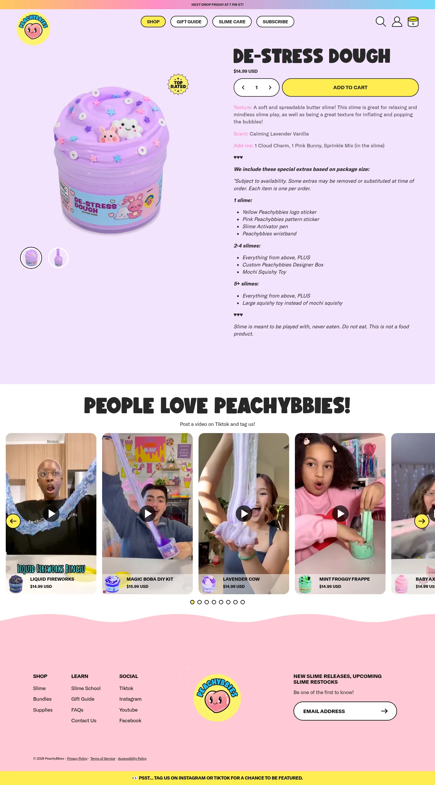 peachybbies.com/products/de-stress-dough on desktop, full screenshot