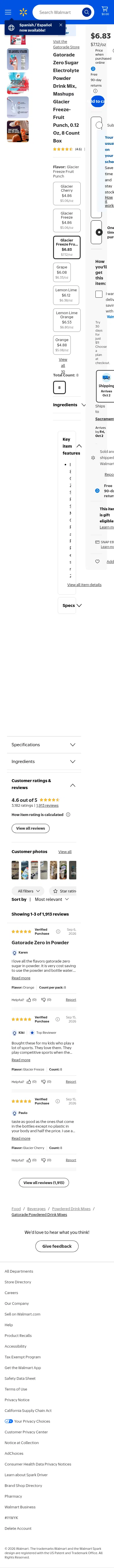 walmart.com/ip/Gatorade-Zero-Sugar-Powder-Mashups-Glacier-Freeze-and-Fruit-Punch-0-12-oz-8ct-Box/19995250661 on mobile, full screenshot