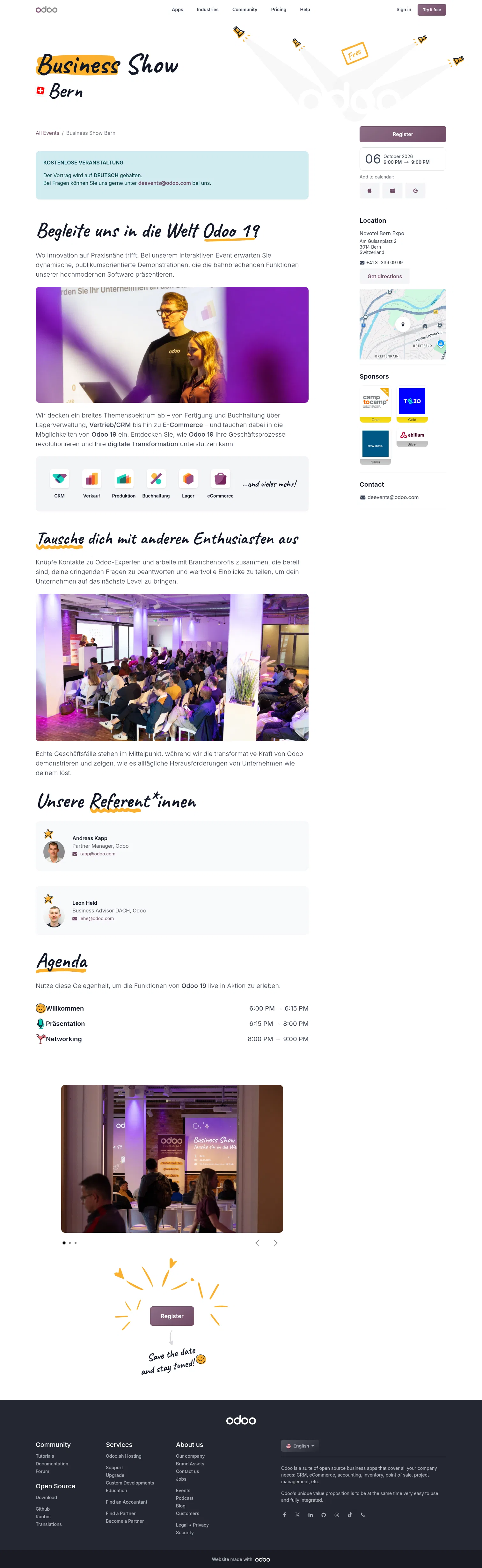 odoo.com/event/business-show-bern-12216/register on desktop, full screenshot
