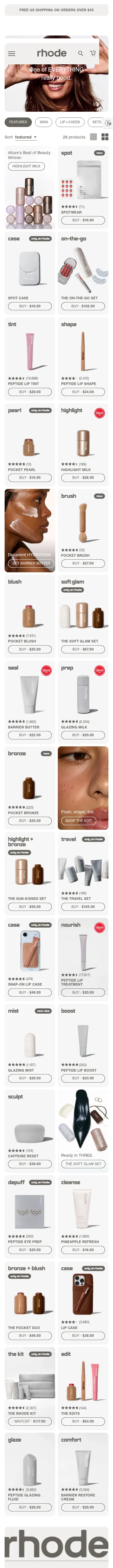 rhodeskin.com/collections/featured on mobile, full screenshot