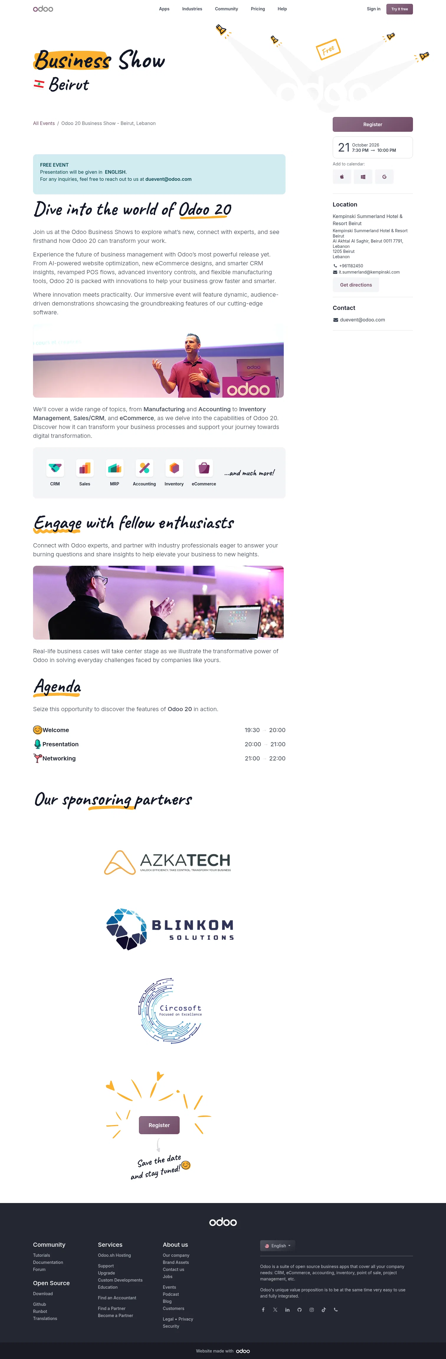 odoo.com/event/odoo-20-business-show-beirut-lebanon-12538/register on desktop, full screenshot