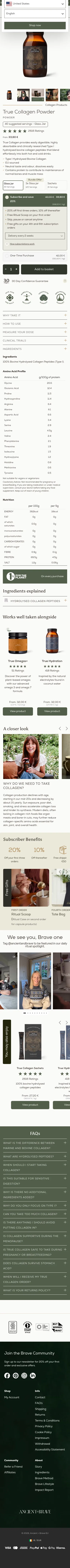 ancientandbrave.eu/products/true-collagen-powder on mobile, full screenshot