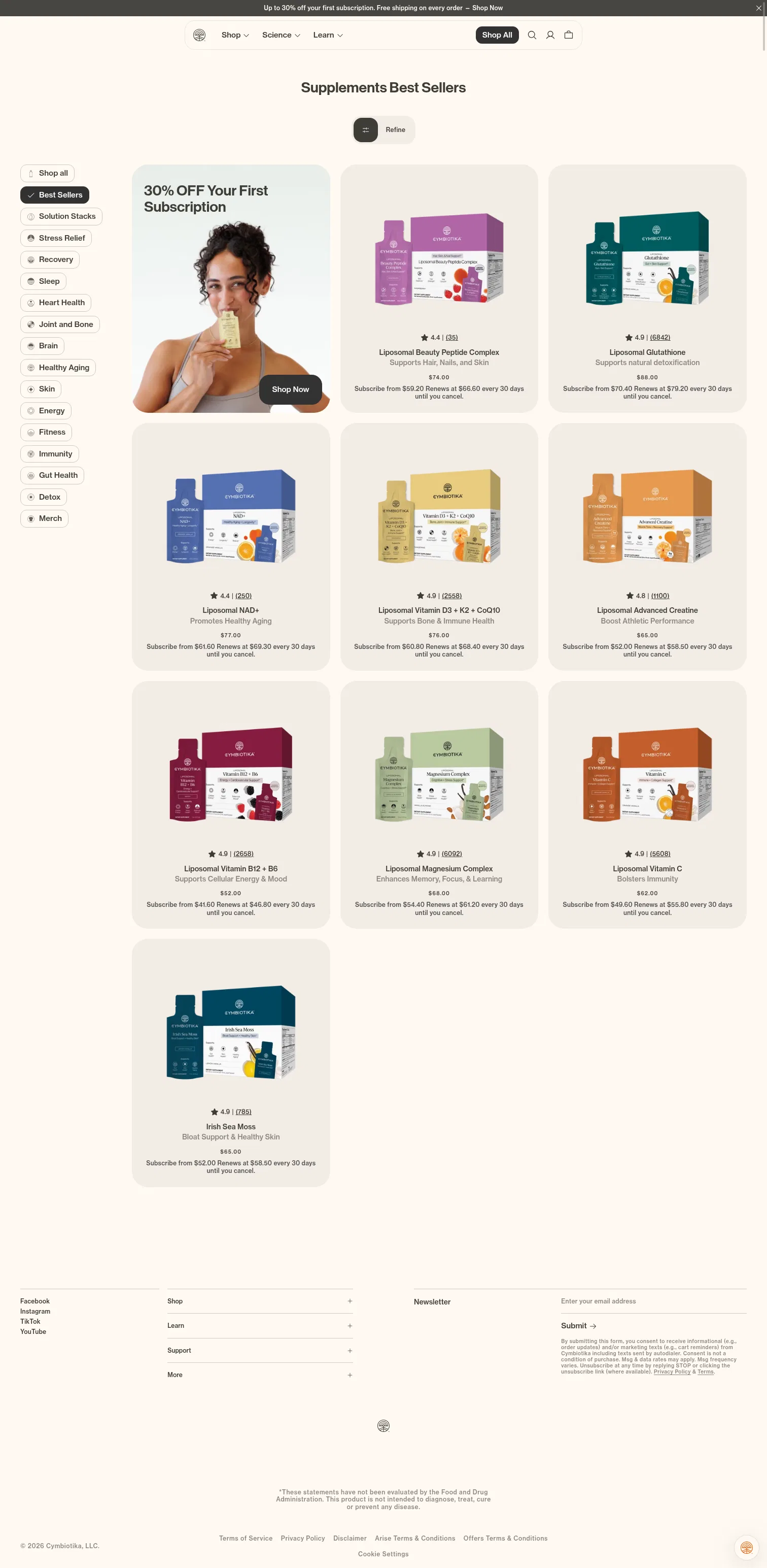 cymbiotika.com/collections/supplements-best-sellers on desktop, full screenshot