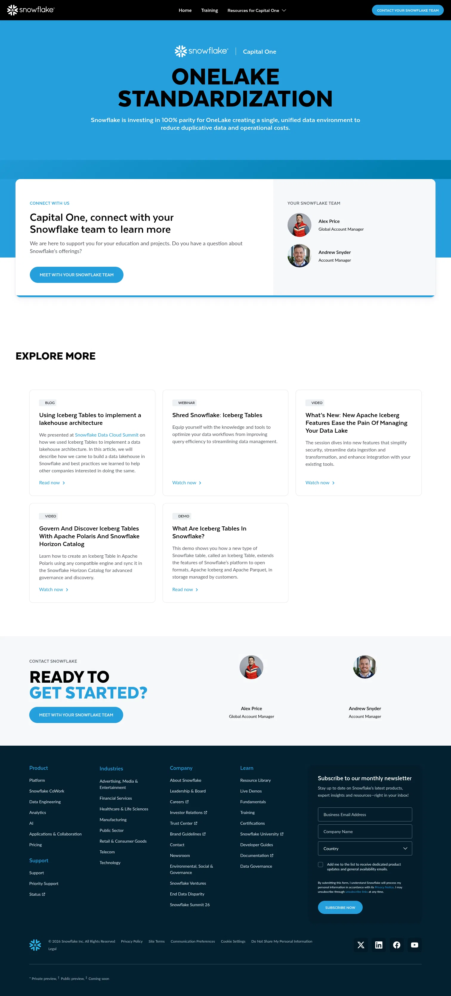 snowflake.com/en/abm/coe/capital-one---home/CapitalOne--OneLake-standardization on desktop, full screenshot