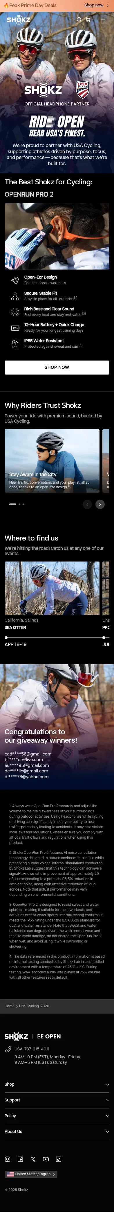 shokz.com/pages/usa-cycling-2026 on mobile, full screenshot